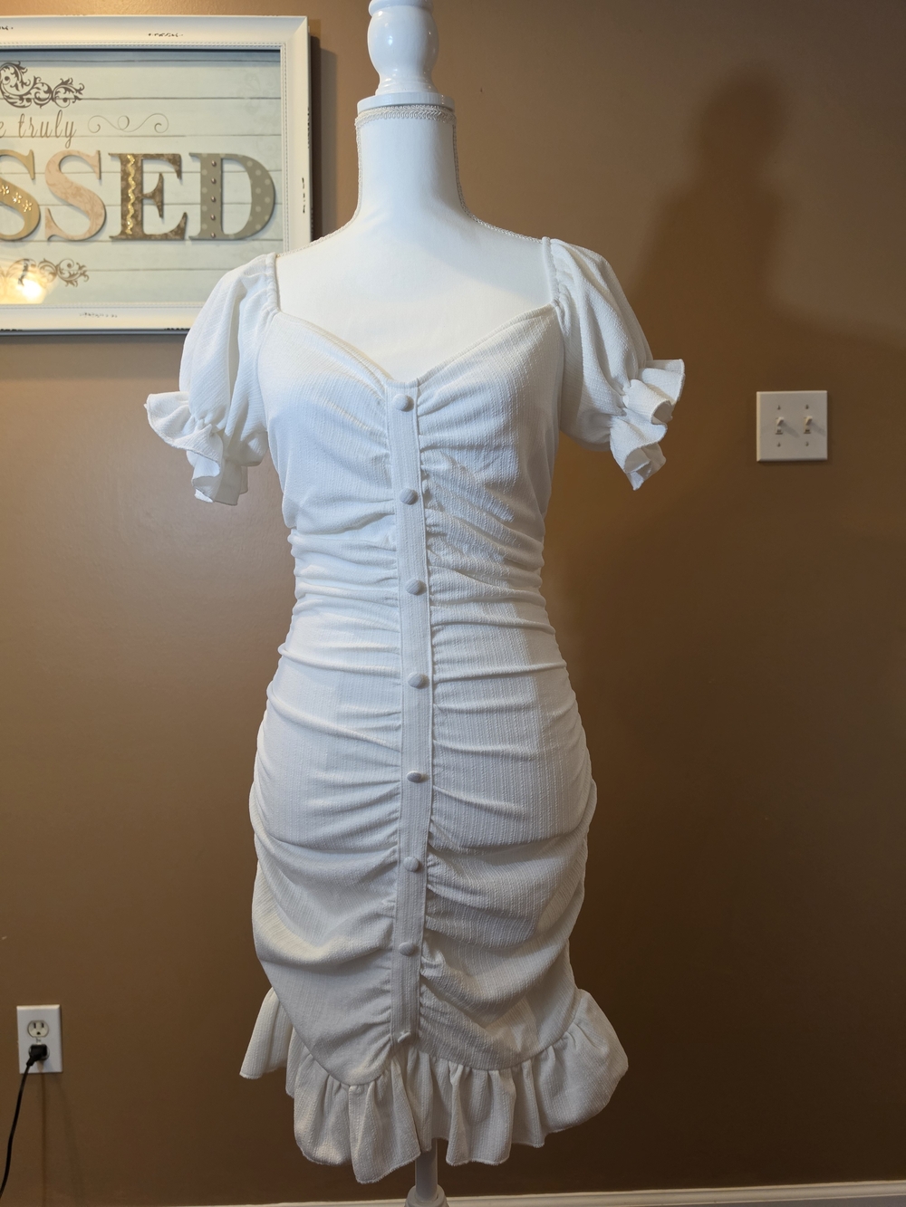 White Ruched Button-Front Puff Sleeve Dress